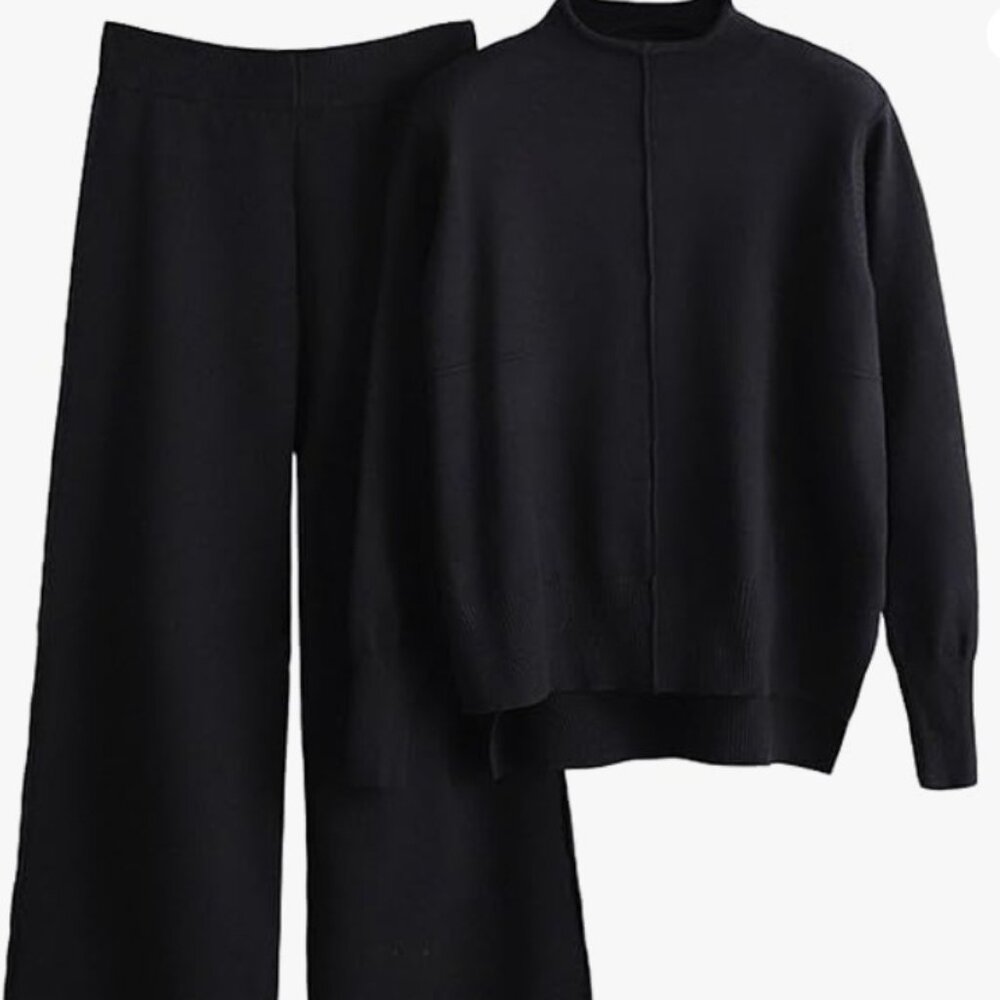 Women's 2 Piece Outfits Sweatsuit Mock Knit Pullover Top Wide Leg Tracksuit -MED